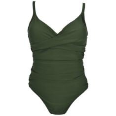 BOX OF ASSORTED ADULT CLOTHES TO INCLUDE SPLASH ABOUT WOMENS LADIES TUMMY CONTROL SWIMMING COSTUME ONE PIECE SWIMSUIT, GREEN, 18 EU, ARENA GIRLS TEAM SWIMSUIT CHALLENGE SOLID, NAVY-WHITE, 28 EU.