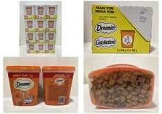 12 X DREAMIES CATISFACTION MEGA TUB 2 X 350G CHICKEN FLAVOUR CAT TREATS - TOTAL LOT RRP £120 (ZONE 4)