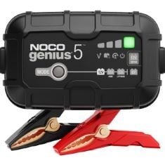 NOCO GENIUS5UK, 5A CAR BATTERY CHARGER, 6V AND 12V PORTABLE SMART CHARGER, BATTERY MAINTAINER, TRICKLE CHARGER AND DESULFATOR FOR AGM, LEISURE, LITHIUM, MOTORBIKE, MOTORCYCLE AND CARAVAN BATTERIES.