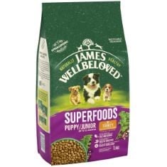 10 X JAMES WELLBELOVED SUPERFOODS DRY PUPPY/JUNIOR TURKEY WITH KALE & QUINOA, 1.5KG BB: 29/10/24.