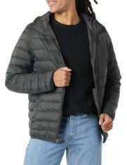 QTY OF ITEMS TO INLCUDE 20X ASSORTED CLOTHING TO INCLUDE ESSENTIALS MEN'S LIGHTWEIGHT WATER-RESISTANT PACKABLE HOODED PUFFER JACKET, DARK GREY, XL, SMARTWOOL MENS RUN TARGETED CUSHION LOW ANKLE SOCKS