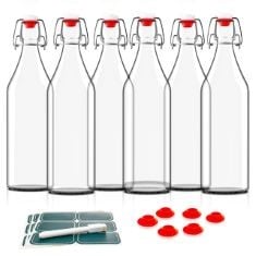 9 X OTIS GLASS BOTTLES W/STOPPERS - SET OF 6 W/PLASTIC SWING TOP FOR HOME BREWING, WATER & KOMBUCHA - FLIP TOP 16OZ GLASS BOTTLE W/ 6 BONUS GASKETS.