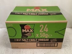 9 X BOX OF WALKERS MAX ZINGY SALT&MALT VINEGAR 24 X 50G BBE: 21/09/24 TO INCLUDE 3 X BOX OF WALKERS CLASSIC 20 PACK MULTIPACK BBE: 18/05/24 (KERBSIDE PALLET DELIVERY)