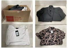 BOX OF APPROX 20 X ASSORTED ADULT NEW LOOK CLOTHING TO INCLUDE MENS SINGLE BREASTED SUIT JACKET BLACK SIZE 40R