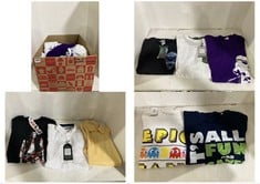 BOX OF APPROX 20 X ASSORTED ADULT CLOTHING TO INCLUDE STAR & STRIPES T-SHIRT PURPLE WITH WHITE STORM TROOPER SIZE LG