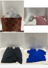 BOX OF ASSORTED ADULT CLOTHING TO INCLUDE LA REDOUTE SHORT SLEEVE KNIT SWEATER WHITE/NAVY STRIPE SIZE M