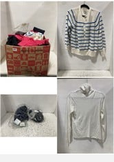 BOX OF ASSORTED ADULT CLOTHING TO INCLUDE RR 1/4 BUTTON KNIT JUMPER ECRU/BLUE STRIPE SIZE FR-LG