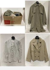 BOX OF ASSORTED ADULT CLOTHING TO INCLUDE LA REDOUTE TRENCH COAT SAGE GREEN SIZE 42