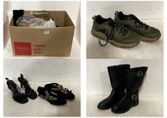 BOX OF ASSORTED ADULT FOOTWEAR TO INCLUDE TAMARIS HIGH HEEL STRAPPY SANDALS BLACK GLITTER SIZE 37