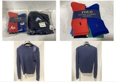 RALPH LAUREN CABLE KNIT CREW NECK SWEATER NAVY BLUE SIZE LG TO INCLUDE RALPH LAUREN CLASSIC SPORT SOCKS 6-PAIRS MULTI