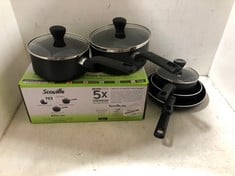 APPROX 6 X ASSORTED KITCHEN PANS TO INCLUDE SCOVILLE NEVER STICK 5X STRONGER PAN SET