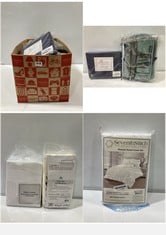 BOX OF ASSORTED SOFT FURNISHINGS TO INCLUDE PIZUNA LINENS 400 THREAD COUNT SINGLE FLAT SHEET DARK BLUE