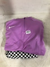 NIKE DRI-FIT 1/4 ZIP TOP LILAC SIZE LG TO INCLUDE VANS SHORTS BLACK/WHITE CHECK SIZE LG