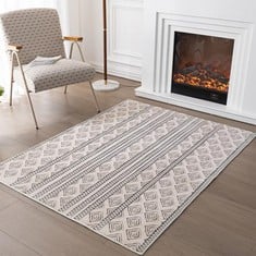 5 X OBUNDI SHORT PILE RUGS FOR BEDROOM,ANTI-SLIP STRIPE RUG GEOMETRIC DESIGN CARPET FOR LIVING ROOM SOFT FLOOR RUGS (SQUARE BEIGE,80X150 CM) - TOTAL RRP £125: LOCATION - RACK A