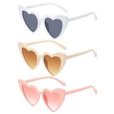 QUANTITY OF ALVILLER 3 PACK VINTAGE HEART SHAPED SUNGLASSES FOR WOMEN, FASHION RETRO EYEGLASSES CAT EYE STYLE EYEWEAR FOR GIRLS WOMEN SHOPPING TRAVELLING SUMMER PARTY MAKEUP ACCESSORIES - TOTAL RRP £