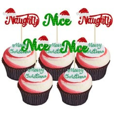 QUANTITY OF 24PCS NAUGHTY OR NICE CUPCAKE TOPPERS GLITTER SANTA HAT MERRY CHRISTMAS CUPCAKE PICKS NAUGHTY OR NICE CAKE DECORATIONS FOR MERRY CHRISTMAS SANTA HAPPY NEW YEAR HOLIDAY BIRTHDAY PARTY SUPP