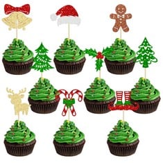 QUANTITY OF 36PCS MERRY CHRISTMAS CUPCAKE TOPPERS GLITTER CHRISTMAS TREE CUPCAKE PICKS HAT GINGERBREAD MAN CAKE DECORATIONS FOR XMAS HOLIDAY NEW YEAR HOLIDAY BABY SHOWER KIDS BIRTHDAY PARTY SUPPLIES