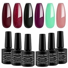 QUANTITY OF LAGUNAMOON GEL NAIL POLISH SET - 6 COLOURS DARK RED GLITTER BLACK PURPLE GREEN NEUTRAL HIGH-SHINE KIT GEL POLISH FOR SALON QUALITY DIY NAILS - UV LED SOAK OFF LACQUER KIT VARNISH MANICURE