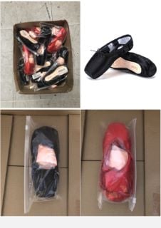 QUANTITY OF ASSORTED ITEMS TO INCLUDE WOMEN GIRLS STAIN DANCE SHOE BLACK & RED & PINK BALLET POINTE SHOES WITH TOE PADS & CARRY POUCH (7 UK RED): LOCATION - RACK A