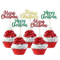 QUANTITY OF XSSTARMI 36 PACK MERRY CHRISTMAS CUPCAKE TOPPERS GLITTER CHRISTMAS EVE XMAS CUPCAKE PICKS FOR MERRY CHRISTMAS THEME NEW YEAR HOLIDAY PARTY CAKE DECORATIONS SUPPLIES GOLD RED GREEN - TOTAL