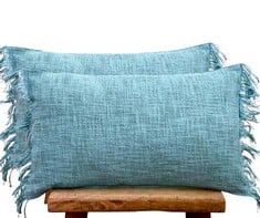 12 X VITO BELLO HOME SET OF 2 HANDMADE CUSHION COVERS 30X50 (LIGHT BLUE) WITH FRINGES ON TWO SIDES, BACK PLAIN NATURAL COTTON (BEIGE), VEGAN BOHO PILLOW 100% COTTON - SOFA CUSHION BEDROOM LIVING ROOM