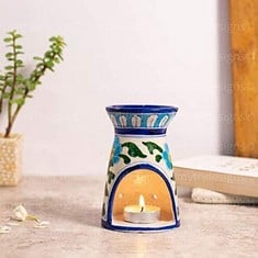 6 X FLORAL DESIGN OIL BURNER MADE WITH BLUE POTTERY TECHNIQUE, SCENTED OIL DIFFUSER FOR AROMATHERAPY, CERAMIC TEALIGHT HOLDER - TOTAL RRP £120: LOCATION - RACK F