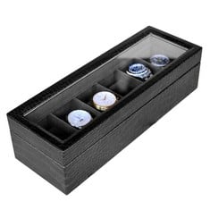 5 X CASE ELEGANCE CROCODILE TEXTURE FAUX LEATHER WATCH BOX MEN/WOMEN WATCH STORAGE BOX ORGANIZER WITH GLASS LID 6 COMPARTMENTS - TOTAL RRP £115: LOCATION - RACK G