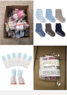 QUANTITY OF ASSORTED ITEMS TO INCLUDE ANOLE NEWBORN & INFANT BABY SOCKS - 6 PAIRS - KNEE HIGH GIRLS CABLE KNIT STOCKINGS (PASTELS, 6-12 MONTHS): LOCATION - RACK A