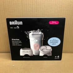 BRAUN SILK-ÉPIL 5, EPILATOR FOR EASY HAIR REMOVAL, WET & DRY, LASTING SMOOTH SKIN, WITH LADY SHAVER, TRIMMER COMB & EXFOLIATION BRUSH HEADS, 5-060, WHITE/FLAMINGO.: LOCATION - A RACK