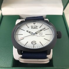 MENS FRANK SCHMIDT WATCH - LARGE BLACK CASE - WHITE PILOT DIAL - BLUE FABRIC STRAP - 3ATM WATER RESISTANT RRP 290: LOCATION - A RACK