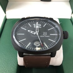 MENS FRANK SCHMIDT WATCH - LARGE BLACK CASE - LEATHER STRAP - 3 ATM WATER RESISTANT RRP £290: LOCATION - A RACK