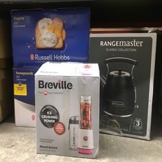 QUANTITY OF KITCHEN & APPLIANCES ITEMS TO INCLUDE BREVILLE BLEND ACTIVE PERSONAL BLENDER & SMOOTHIE MAKER | 350W | 2 PORTABLE BLEND ACTIVE BOTTLES (600ML) | LEAK PROOF LIDS | WHITE & PINK [VBL248]: L