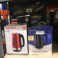 QUANTITY OF KITCHEN & APPLIANCES ITEMS TO INCLUDE RUSSELL HOBBS HONEYCOMB ELECTRIC 1.7L CORDLESS KETTLE (FAST BOIL 3KW, BLACK PREMIUM PLASTIC, MATT & HIGH GLOSS FINISH, REMOVABLE WASHABLE ANTI-SCALE