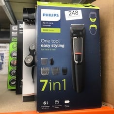 QUANTITY OF  ITEMS TO INCLUDE PHILIPS 7-IN-1 ALL-IN-ONE TRIMMER, SERIES 3000 GROOMING KIT FOR BEARD & HAIR WITH 7 ATTACHMENTS, INCLUDING NOSE TRIMMER, SELF-SHARPENING BLADES, UK 3-PIN PLUG-MG3720/33: