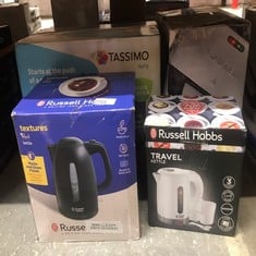 QUANTITY OF KITCHEN & APPLIANCES ITEMS TO INCLUDE RUSSELL HOBBS ELECTRIC 0.85L TRAVEL KETTLE, SMALL & COMPACT, DUAL VOLTAGE, IDEAL FOR ABROAD/CARAVAN/CAMPING, INC 2 CUPS & SPOONS, REMOVABLE WASHABLE