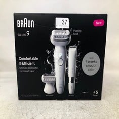 BRAUN SILK-ÉPIL 9, EPILATOR WITH PIVOTING HEAD FOR EASY HAIR REMOVAL, WET & DRY, LASTING SMOOTH SKIN, WITH LADY SHAVER HEAD & TRIMMER COMB, 9-441, WHITE/SILVER.: LOCATION - A RACK