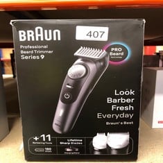 BRAUN BEARD TRIMMER SERIES 9 BT9441, TRIMMER WITH BARBER TOOLS AND 180-MIN RUNTIME, RATED WHICH BEST BUY.: LOCATION - C RACK