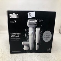 BRAUN SILK-ÉPIL 9, EPILATOR WITH PIVOTING HEAD FOR EASY HAIR REMOVAL, WET & DRY, LASTING SMOOTH SKIN, WITH LADY SHAVER HEAD & TRIMMER COMB, 9-441, WHITE/SILVER.: LOCATION - A RACK