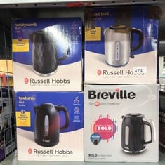 QUANTITY OF KITCHEN & APPLIANCES ITEMS TO INCLUDE RUSSELL HOBBS HONEYCOMB ELECTRIC 1.7L CORDLESS KETTLE (FAST BOIL 3KW, BLACK PREMIUM PLASTIC, MATT & HIGH GLOSS FINISH, REMOVABLE WASHABLE ANTI-SCALE