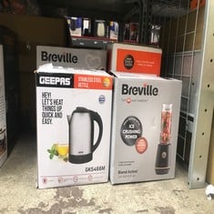 QUANTITY OF KITCHEN & APPLIANCES ITEMS TO INCLUDE BREVILLE BLEND ACTIVE PERSONAL BLENDER & SMOOTHIE MAKER | 350W | 1 PORTABLE BLEND ACTIVE BOTTLE (600ML) | LEAK PROOF LID | BLACK & GOLD [VBL251]: LOC