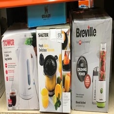 QUANTITY OF KITCHEN & APPLIANCES ITEMS TO INCLUDE BREVILLE BLEND ACTIVE PERSONAL BLENDER & SMOOTHIE MAKER | 350W | 2 PORTABLE BLEND ACTIVE BOTTLES (600ML) | LEAK PROOF LIDS | WHITE & GREEN [VBL246]: