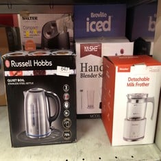 QUANTITY OF KITCHEN & APPLIANCES ITEMS TO INCLUDE RUSSELL HOBBS BRUSHED STAINLESS STEEL ELECTRIC 1.7L CORDLESS KETTLE (QUIET & FAST BOIL 3KW, REMOVABLE WASHABLE ANTI-SCALE FILTER, PUSH BUTTON LID, PE