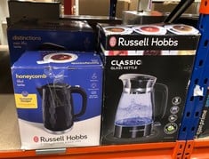 QUANTITY OF KITCHEN & APPLIANCES ITEMS TO INCLUDE RUSSELL HOBBS HONEYCOMB ELECTRIC 1.7L CORDLESS KETTLE (FAST BOIL 3KW, BLACK PREMIUM PLASTIC, MATT & HIGH GLOSS FINISH, REMOVABLE WASHABLE ANTI-SCALE