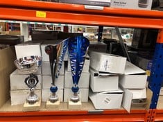 QUANTITY OF SPORTS & EXERCISE ITEMS TO INCLUDE ART-TROPHIES AT81776 SPORTS TROPHY, SILVER/RED, 9": LOCATION - B RACK