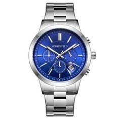 HAND ASSEMBLED GLOBENFELD LIMITED EDITION MARKSMAN SILVER BLUE WATCH SKU:GF0015 RRP £425: LOCATION - TOP 50 RACK