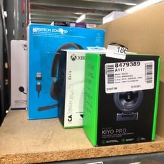 QUANTITY OF TECH & GAMING ITEMS TO INCLUDE RAZER KIYO PRO FULL HD CAMERA USB WEBCAM WITH HIGH PERFORMANCE ADAPTIVE LIGHT SENSOR: LOCATION - C RACK