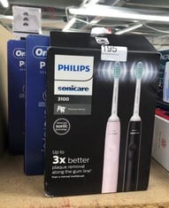 QUANTITY OF HEALTH & BEAUTY ITEMS TO INCLUDE PHILIPS SONICARE 3100 ELECTRIC TOOTHBRUSH, SONIC TOOTHBRUSH, PRESSURE SENSOR AND TIMER, SUGAR ROSE AND BLACK, DUAL PACK, HX3675/15: LOCATION - C RACK