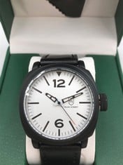 MENS FRANK SCHMIDT WATCH LARGE BLACK CASE WHITE PILOT DIAL BLUE LEATHER STRAP 3ATM WATER RESISTANT GIFT BOX INCLUDED EST £290: LOCATION - TOP 50 RACK