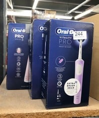 QUANTITY OF HEALTH & BEAUTY ITEMS TO INCLUDE ORAL-B VITALITY PRO ELECTRIC TOOTHBRUSHES FOR ADULTS,1 HANDLE, 2 TOOTHBRUSH HEADS, 3 BRUSHING MODES INCLUDING SENSITIVE PLUS, 2 PIN UK PLUG, PURPLE: LOCAT