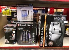 QUANTITY OF KITCHEN & APPLIANCES ITEMS TO INCLUDE RUSSELL HOBBS GROOVE ELECTRIC 1.7L CORDLESS KETTLE (FAST BOIL 3KW, BLACK TEXTURED PLASTIC WITH BRUSHED GOLD ACCENTS, REMOVABLE WASHABLE ANTI-SCALE FI